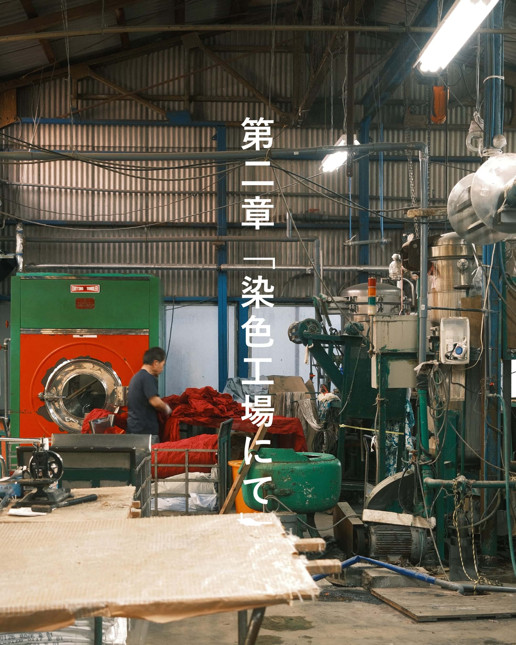 第二章「染色工場にて」章扉。染色機の前に立つ職人