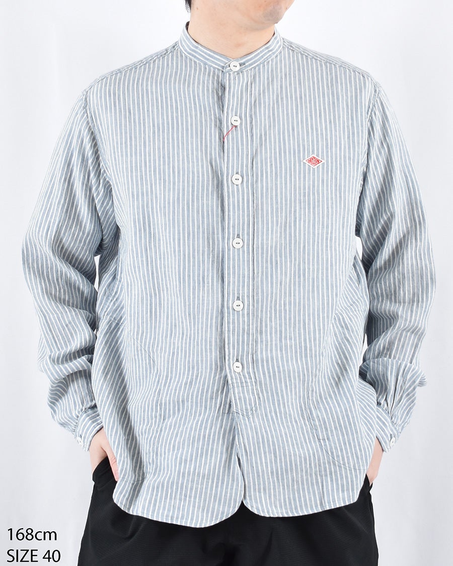 DANTON リネンコットンストライプバンドカラーシャツ MENS | FRENCH