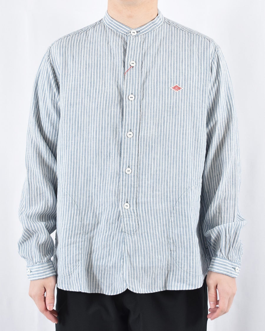 DANTON リネンコットンストライプバンドカラーシャツ MENS | FRENCH