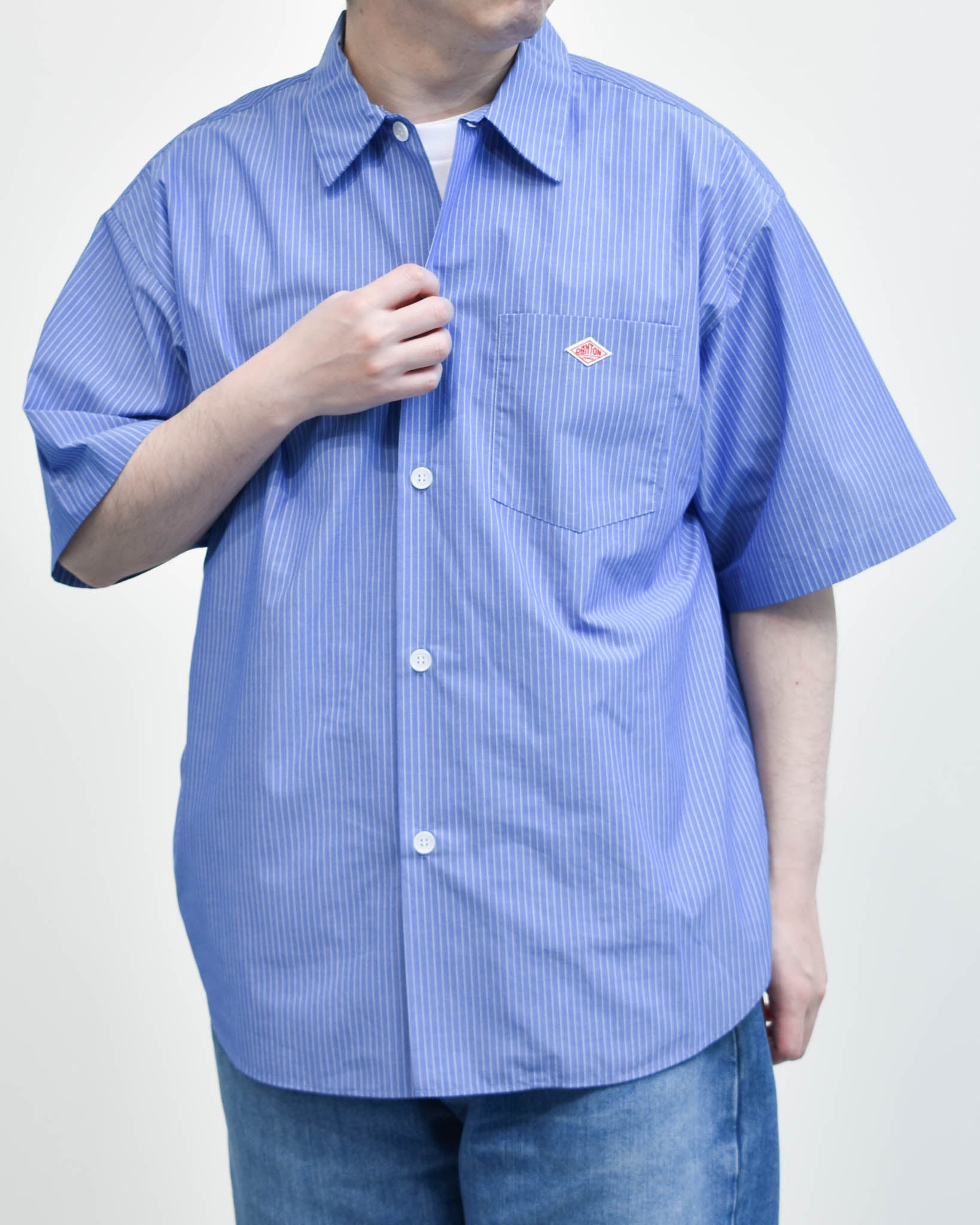 DANTON コットンリネンストライプバンドカラー半袖シャツ MENS