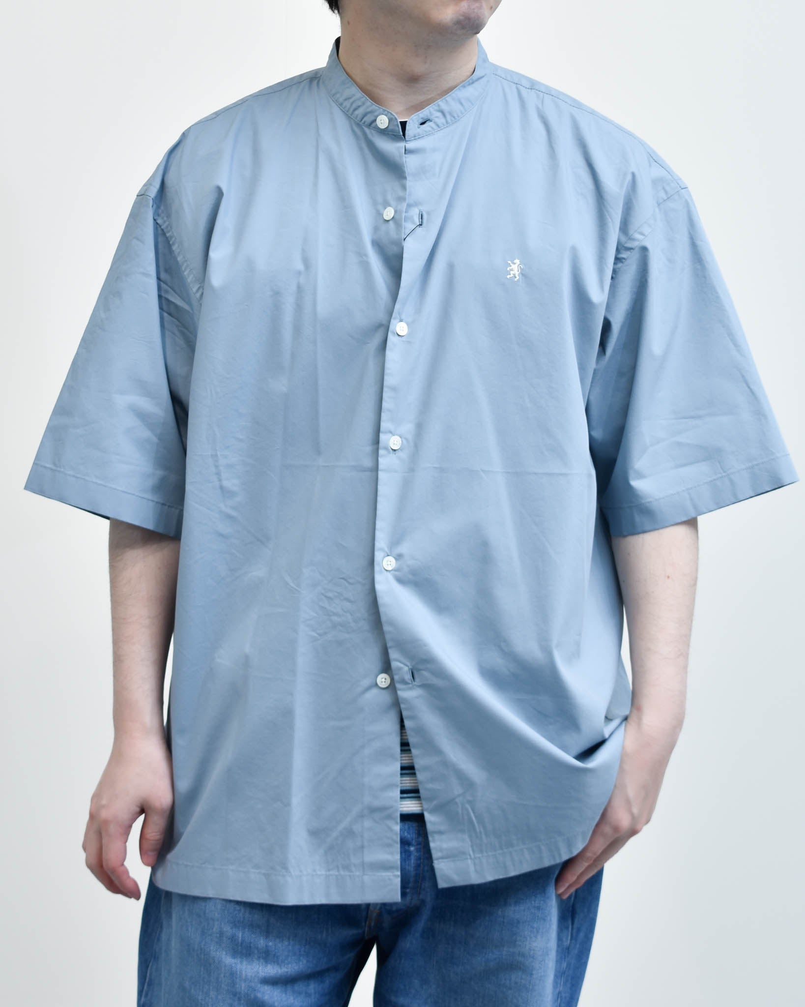Gymphlex タイプライターバンドカラー半袖シャツ MENS | FRENCH Bleu