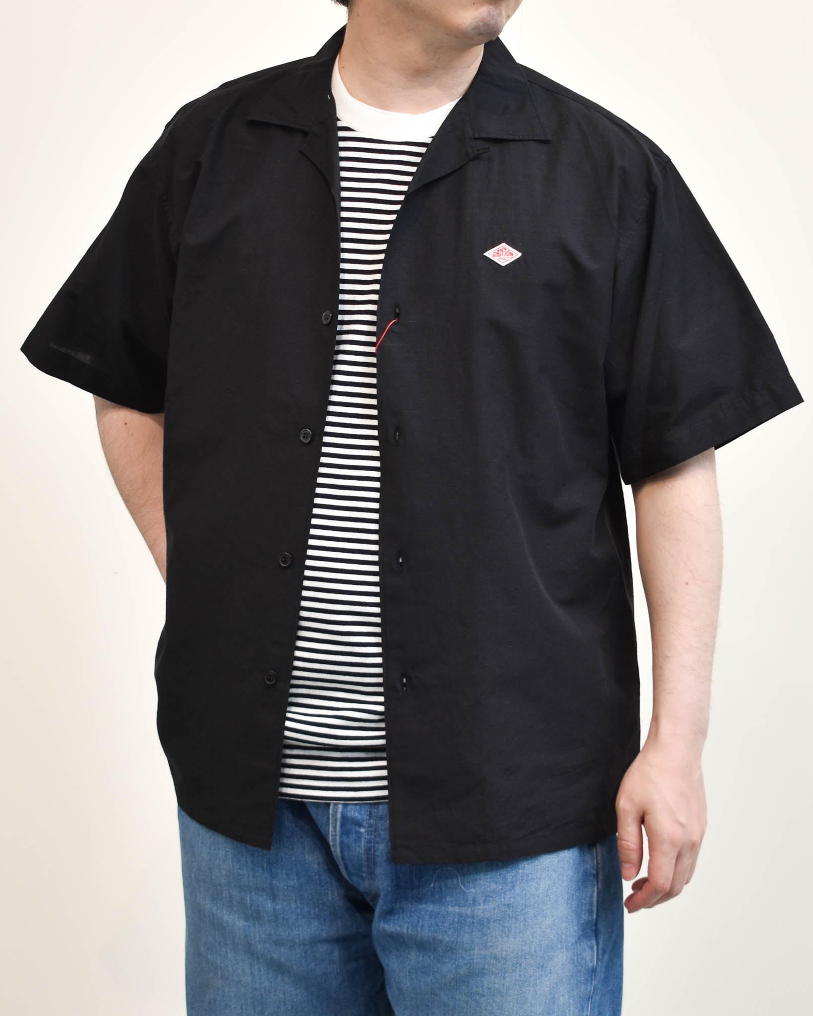 DANTON コットンリネンストライプバンドカラー半袖シャツ MENS