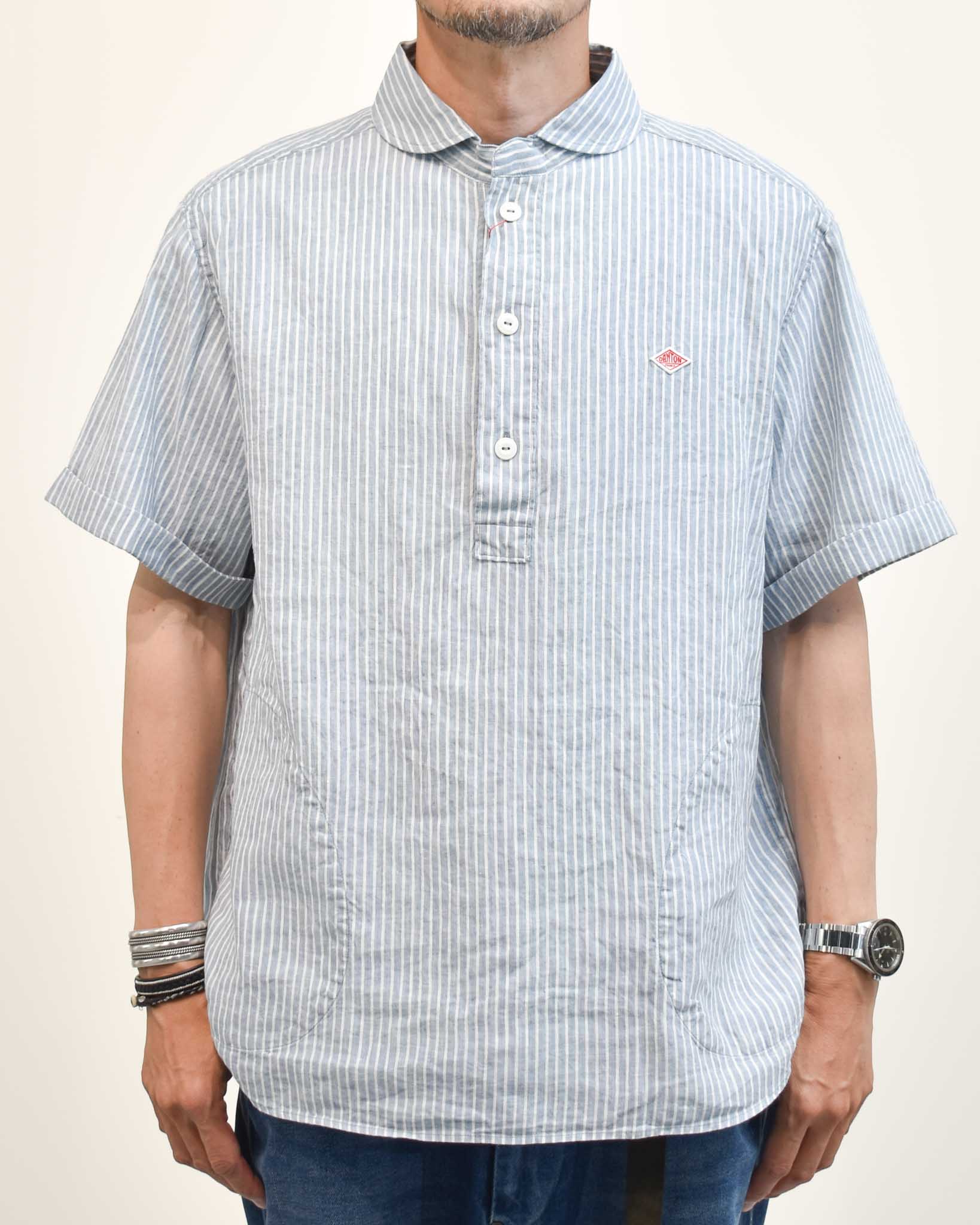 新品‼️DANTON プルオーバーシャツ ストライプ 半袖 34 DANTON リネンコットンストライプ半袖プルオーバー MENS | FRENCH Bleu